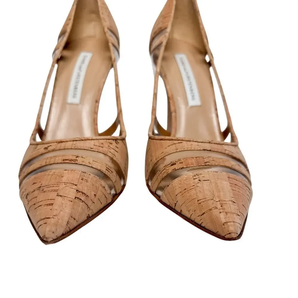 DVF Becca Too Cork Pointed Toe Pumps Clear Panel Heels 7
